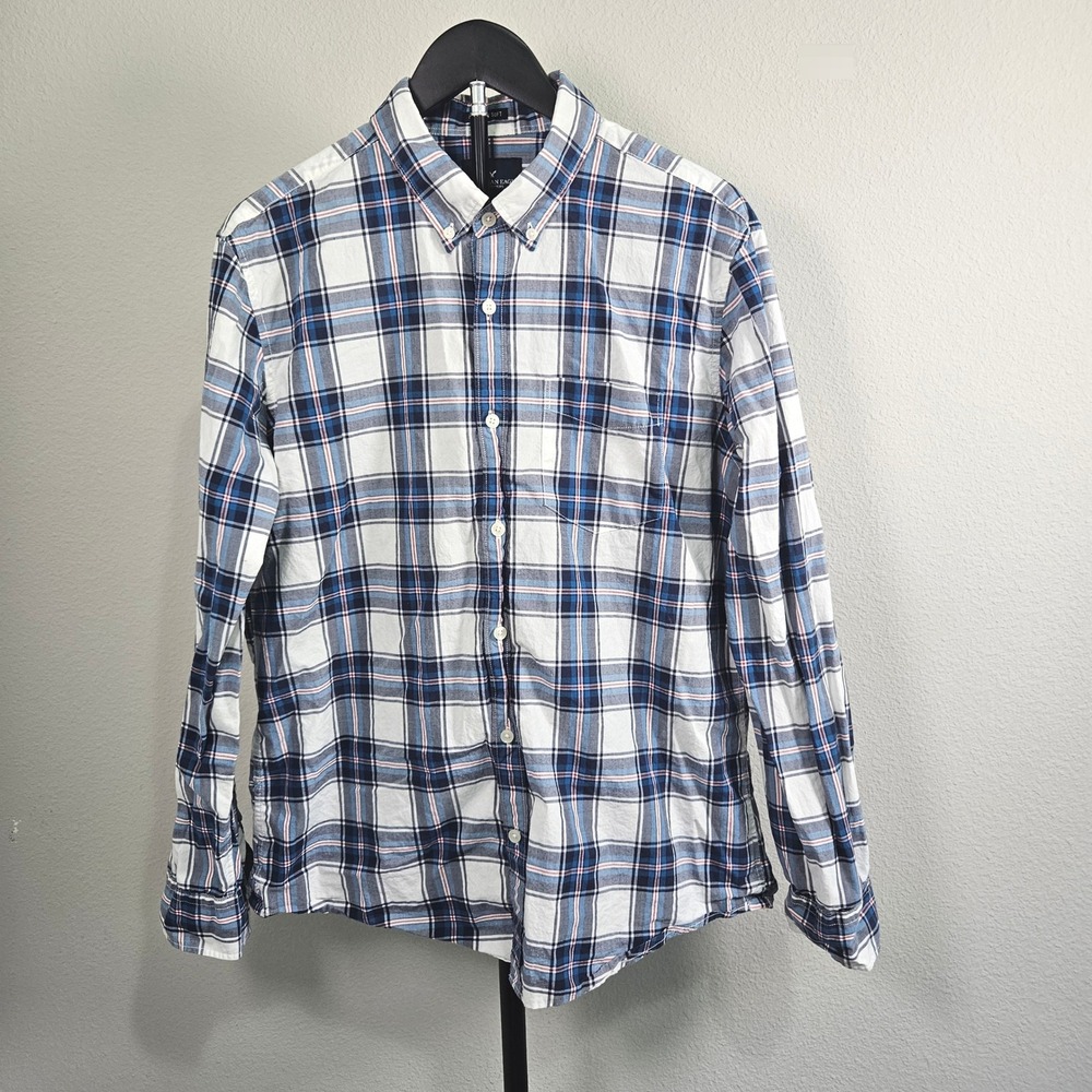 American Eagle Button Down Men Large Blue White Plaid Seriously Soft Preppy